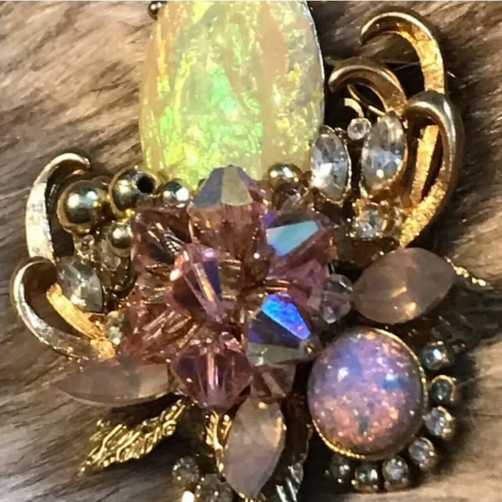 Pink Faux Opal and Gold Beaded Brooch Pin